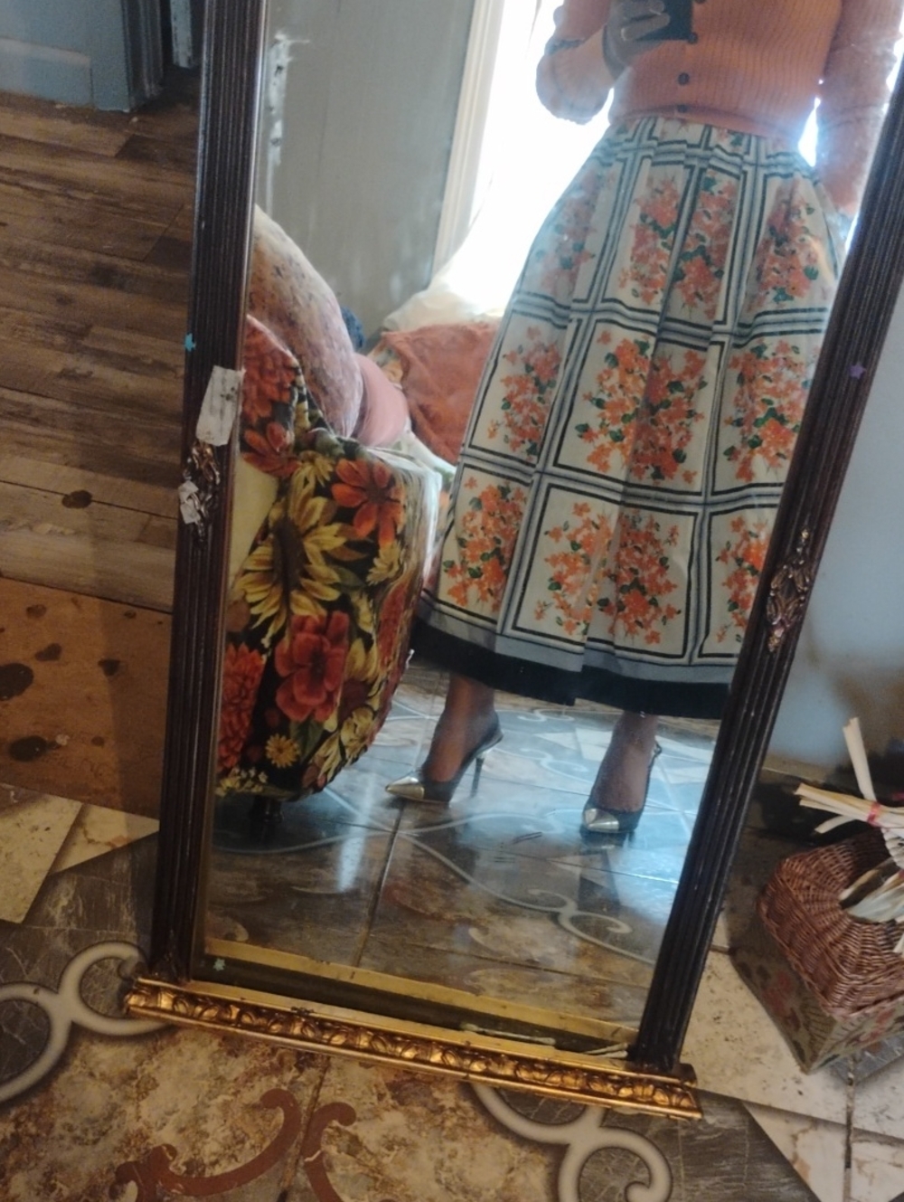 Carolina Herrera White Midi Skirt with Orange Floral Print